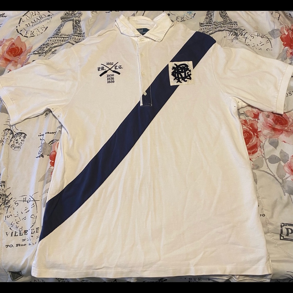 Men’s Polo Ralph Lauren Sash Banner Striped Rugby Collar Shirt Sz XL Tall